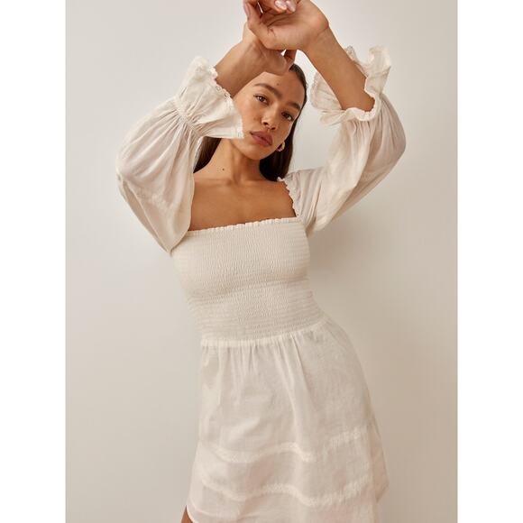 Reformation Dunes Dress Cream Puff Long Sleeve Smocked Square Neck‎ Mini Sz 4 - Picture 1 of 16